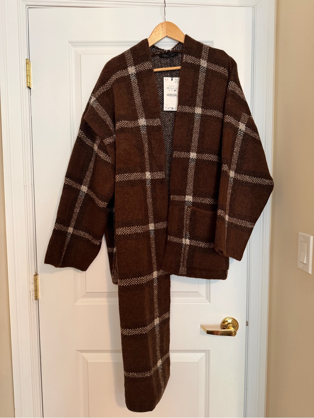Zara Short Brown Plaid Scarf Open-Front Knit Cardigan Coat
